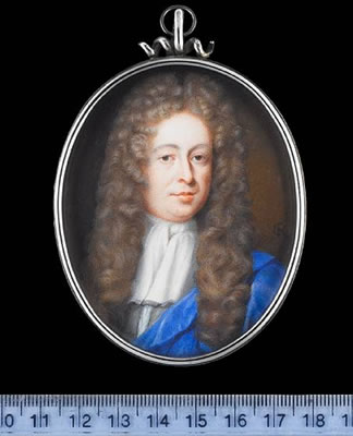 Christian Richter : John Lowther, 1st Viscount Lonsdale PC FRS (1655-1700), wearing grey coat, white cravat and long natural curled wig, a blue cloak over his left shoulder.