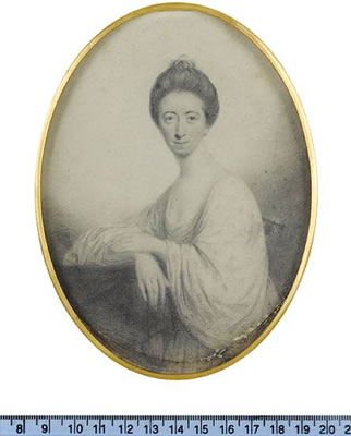 John Taylor : Mrs Richardson, wearing robes with wide sleeves, resting her right arm upon a covered plinth