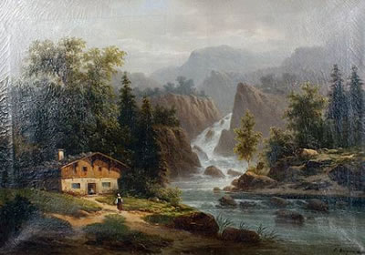 Colestin Brugner : View of an Alpine chalet, a waterfall beyond