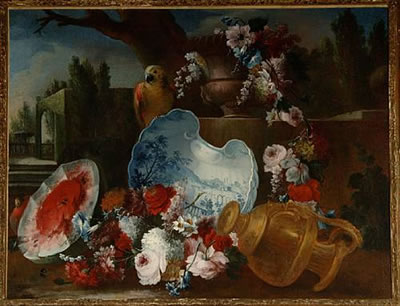 Francesco Lavagna : Roses, convolvulus, snowballs and other flowers in an urn with a parrot, a park landscape in the distance; and An urn filled with convolvulus, roses and other flowers on a stone ledge with an upturned blue and white basin, a watermelon and a parrot, a lan