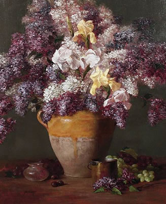 Joe Arnett : Lilacs with white and yellow iris