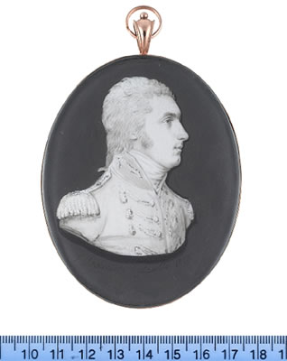 Samuel Andrews : Lieutenant Colonel Matthew Merrick Shawe, bust-length, semi-profile to the right, wearing coat with lace to the button holes, epaulettes, stock, his hair tied with a ribbon bow.