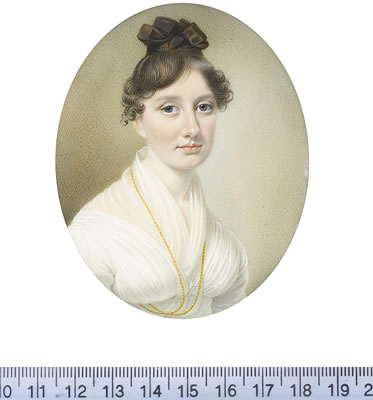 Thomas Richmond : A Lady, wearing white dress and fill-in, a long gold necklace suspended from her neck, her hair upswept, the back elaborately plaited, the front parted and curled.