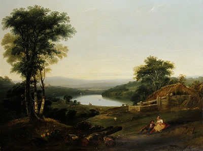 William Williams : Extensive wooded landscape with cottage beyond