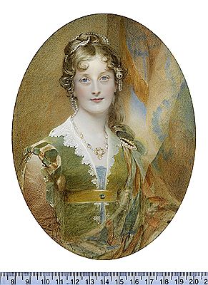 Sir William Charles Ross : Jane Digby, Lady Ellenborough (1807-1881), seated before an aperture and hanging drapery, wearing India green dress with amber and green shoulder rolls, her jewelled sleeves slashed to reveal amber