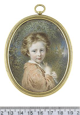 Edward Tayler : A Young Boy, named Alick, possibly Alexander Hohenlohe, standing in a landcape with a pipe to his chest, wearing rust coloured tunic over a white chemise, his strawberry blonde hair falling back from his face in waves