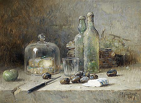 René Louis Chretien : Still life of fruit, wine and cheese