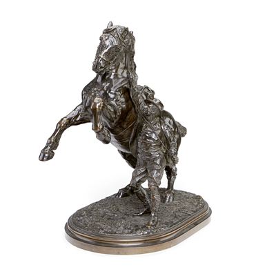 Sir Joseph Edgar Boehm : A bronze model of The Suffolk blacksmith depicting a Suffolk Punch horse rearing beside a blacksmith