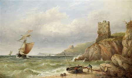 Henry King Taylor : Fowey - fishermen unloading nets off the lookout station, with a brigantine and other shipping beyond