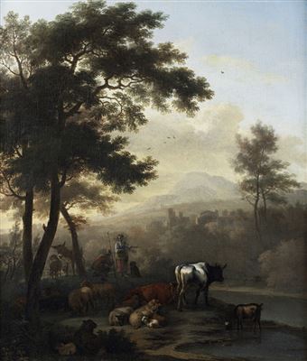 Jan Vermeer van Haarlem II : Shepherds grazing their cattle before an open Italianate landscape