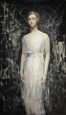 Ambrose McEvoy : Portrait of a Lady, full length, in a white gown