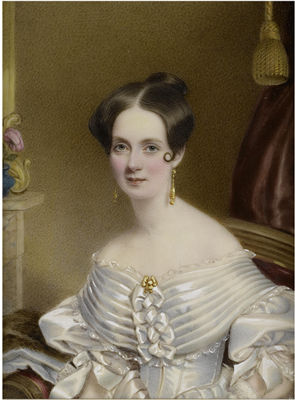 Charles Foot Tayler : A Lady called, Mrs Cuthison, seated in an interior, wearing white décolleté dress with bouffant sleeves finished with ribbon and lace, gold brooch and pendent earrings, her hair parted and upswept