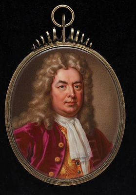 Christian Friedrich Zincke : A Gentleman, wearing red coat with gilt buttons, patterned yellow waistcoat over white chemise and tied white cravat, with natural full-bottomed wig