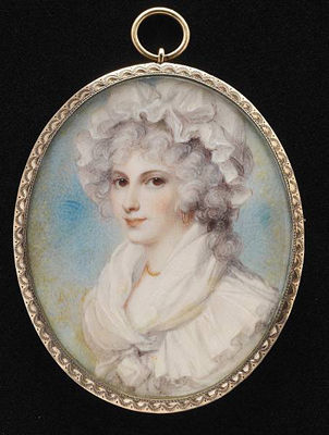 Anne Mee : A Lady, called Lady Fairfax, wearing white dress with large frilled collar, loosely tied fichu, gold chain necklace and frilled white bonnet in her powdered hair