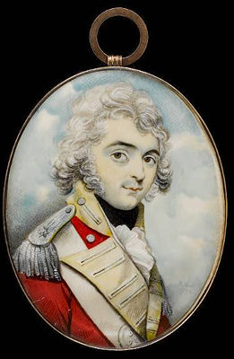 Richard Bull : An Officer, wearing the uniform of the 5th Dragoon Guards, scarlet coatee with yellow facings and silver epaulette, white cross-belt, the belt plate engraved 5/ DG, frilled white chemise and black stock, his hair powdered