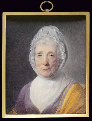 John Comerford : An elderly Lady, full-face, wearing mauve dress, white fichu, white bonnet dressed with ribbon and tied beneath her chin and yellow shawl edged with mauve ribbon over her left shoulder