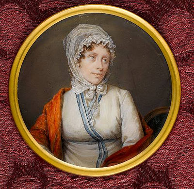 Louis Ami Arlaud-Jurine : Théodora-Hélène-Élisabeth Tronchin, seated on a green upholstered chair, wearing red shawl over white robe bordered with blue stripes with blue sash and ruffled white gauze cap tied at the chin over her curling brown hair