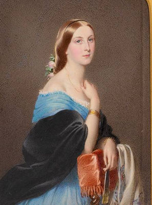 Edward Tayler : Sophia Margaret Hoster, half-length, wearing blue dress with frilled white underslip, black shawl, gold bracelets and pink roses in her hair, she rests against the back of an upholstered chair draped with embroidered shawl, her right hand raised, holding