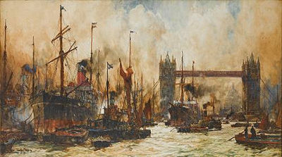 Charles Edward Dixon : The bustling river below Tower Bridge