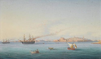 Girolamo Gianni : H.M.S. Victoria amongst native craft off Fort St. Elmo, Valletta, Malta