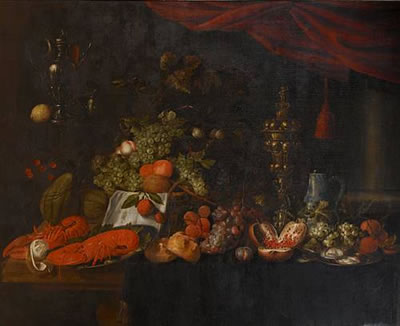 Jan Pauwel Gillemans The Elder : A still life of pewter dishes of lobsters and oysters, a silver gilt covered cup, grapes, pomegranates and bread rolls on a draped table, a basket of grapes and peaches and a roemer with a lemon and a silver jug in a niche above