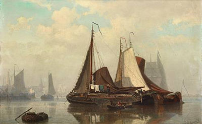 Johan Conrad Greive : An estuary scene with barges at anchor