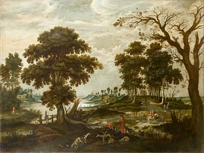 Jan Wildens : An elegant company departing for the hunt before an open landscape; and A river landscape with fishermen returning to shore, with shipping in the distance (a pair)