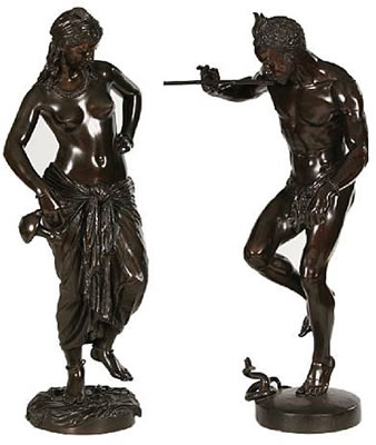 Charles Arthur Bourgeois : A pair of bronze models of Le Charmeur de Serpent and Odalisque