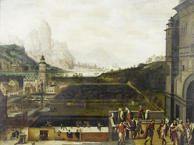 Lucas Gassel : The grounds of a Renaissance palace with episodes from the story of David and Bathsheba, an extensive landscape with mountains and a harbour beyond