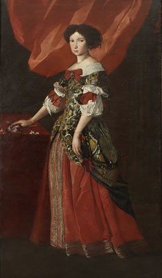 Pier Francesco Cittadini : Portrait of a lady, full-length, in a red and gold brocade dress standing before a red curtain