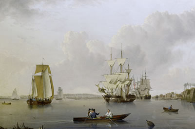 William Anderson : Merchant ships and Indiamen lying off the Isle of Dogs with smaller vessels in the river and Greenwich Hospital on the opposite bank