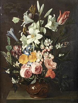 Hieronymus Galle : Roses, lilies, tulips and other flowers in an earthenware vase on a table-top