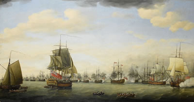 Francis Holman : The action between the fleets of Rear-Admiral Sir Samuel (later Lord) Hood and the French Comte de Grasse in Frigate Bay, off Basseterre, St Kitts, 26th January 1782