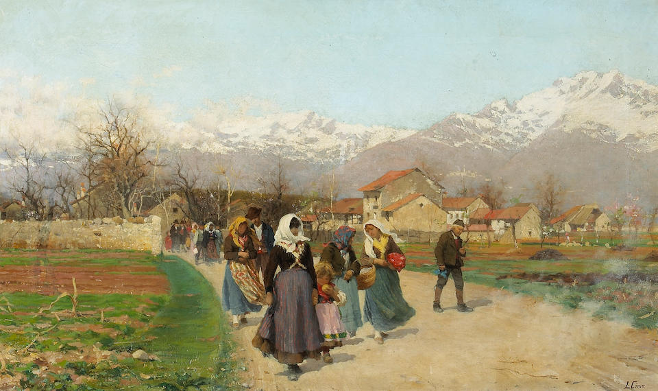 Luigi Cima : Peasants on the road near an alpine village