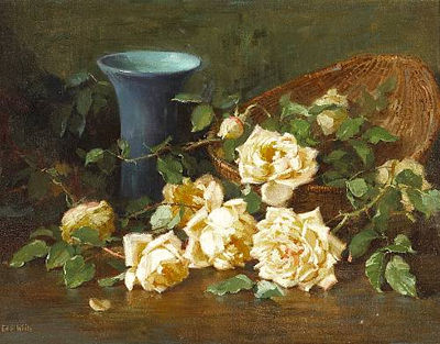 Edith White : A Basket of Yellow Roses and a Blue Vase