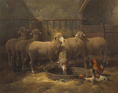 Franz de Beul : Sheep and chickens in a barn