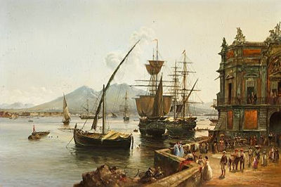 Heinz Scholtz : A view of the harbor at Naples with elegant figures in the foreground, Mt. Vesuvius beyond