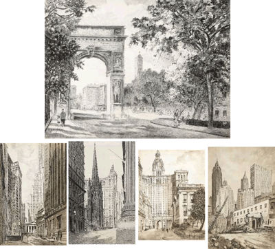 Charlotte Therese Darche : Washington Square Arch; A View of Wall Street; Saint Patrick's Cathedral; Manhattan Municipal Building; A View of the New York Life and Empire State Buildings (5)