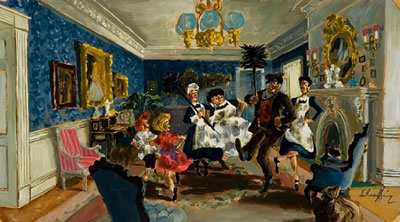 Jim Schaeffing : Showing Mary Poppins, Bert, the children and the maids dancing in the living room.