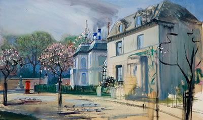 Peter Ellenshaw : A view of the Banks' home at 17 Cherry Tree Lane, the admiral's house visible just beyond.