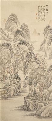 Liangcai Zhu : A) Landscape; inscribed with the title shan ting lun gu (Discussing the Ancients in a Pavilion) AND b) Beauty Strolling by Blossoming Plum