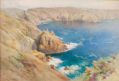 Ethel Sophia Cheeswright : Coastal landscape with rugged cliffs and turquoise sea