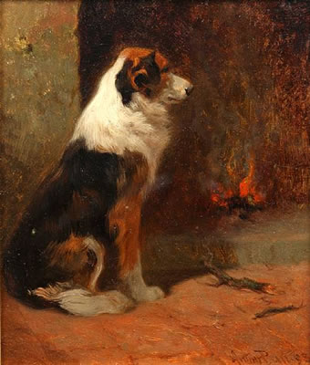 Arthur Batt : A seated collie beside a hearth