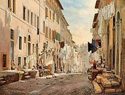 Edvard Petersen : Street life in Rome. Sunlight with several persons - laundry being dryed