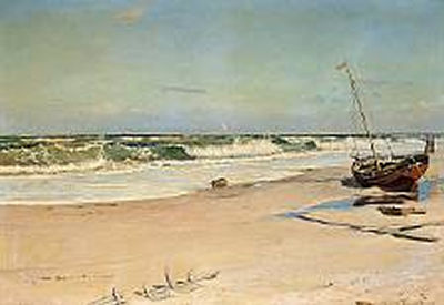 Thorolf Pedersen : A beach scene with two fischermen gazing at the sea