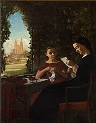 Helmuth Dirckinck-Holmfeld : A Mother and Her Daughter Sitting at a Table with a View of Roskilde Cathedral