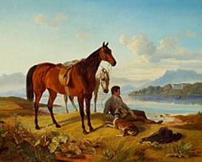 Edvard Lehmann : Southern European landscape with two horses and a rider taking a rest