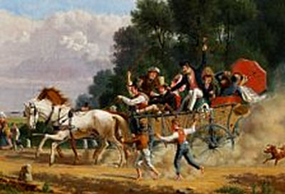 Wilhelm Marstrand : 'En Kildereise'. A trip to the springs. A horse-drawn carriage with many people on their way to the forest