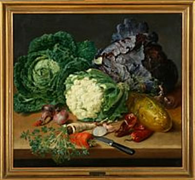 Johannes Ludvig Camradt : A still life with cabbage, onions and other herbs on a table