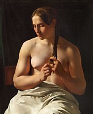 Ludvig August Smith : The model Catrine Nielsen, called Trine, is plaiting her hair